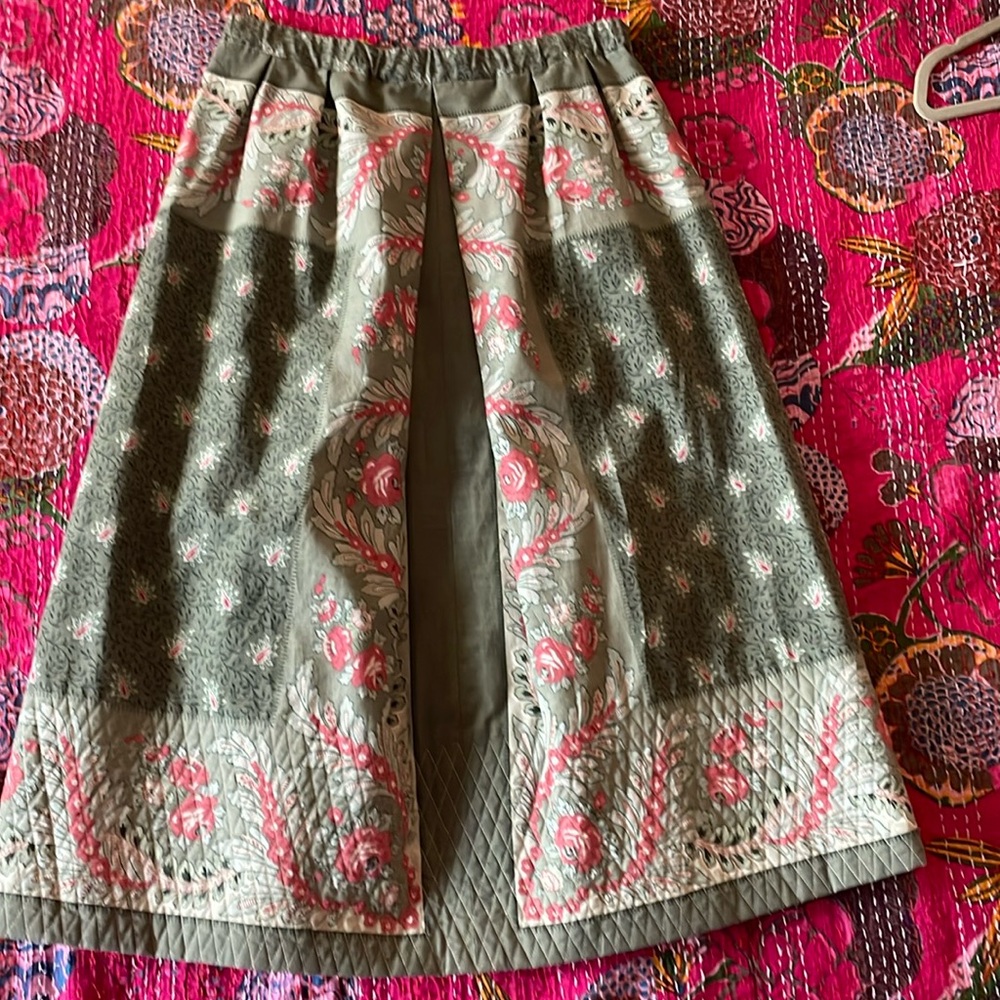 Handmade Woman’s Green Paisley Floral Quilted Pleated Midi Skirt Made in Maine-S